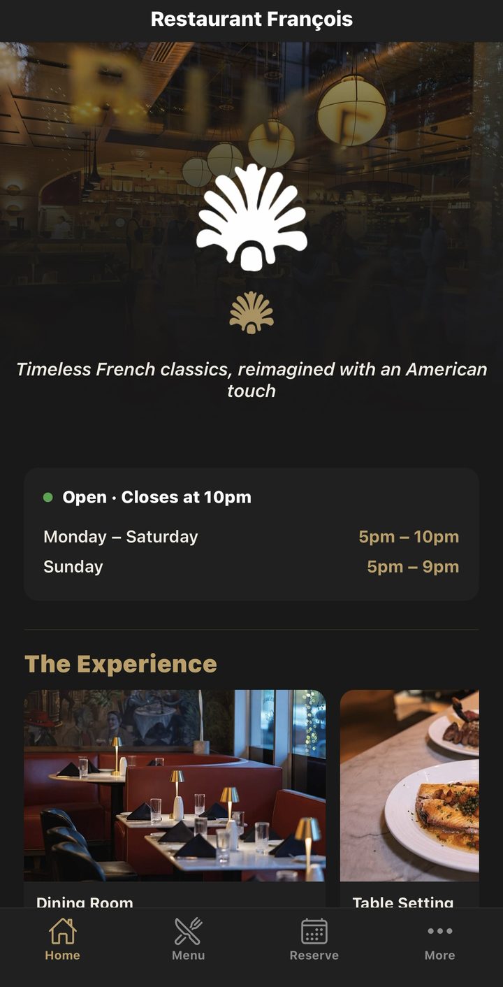Restaurant Françoise app home screen with shell emblem and hours