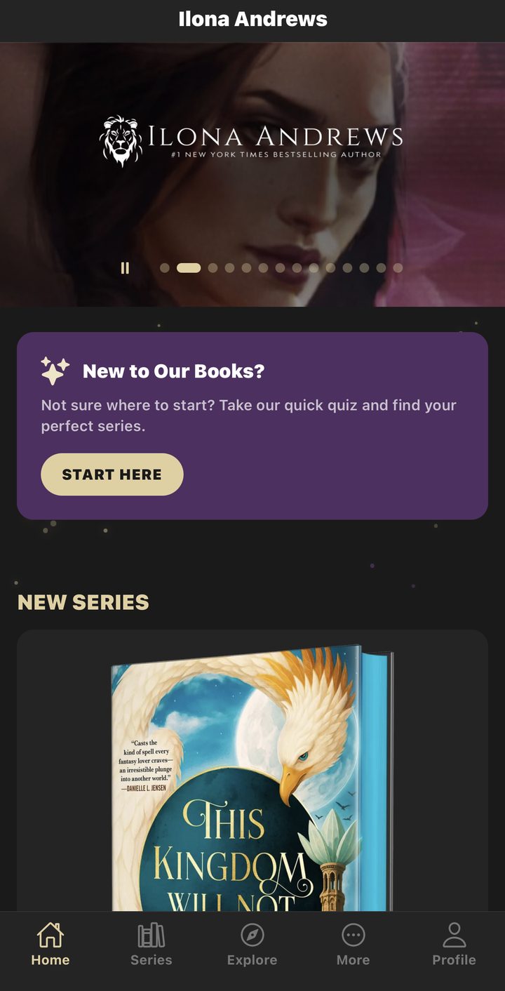 Ilona Andrews companion app home screen, hero art and series quiz
