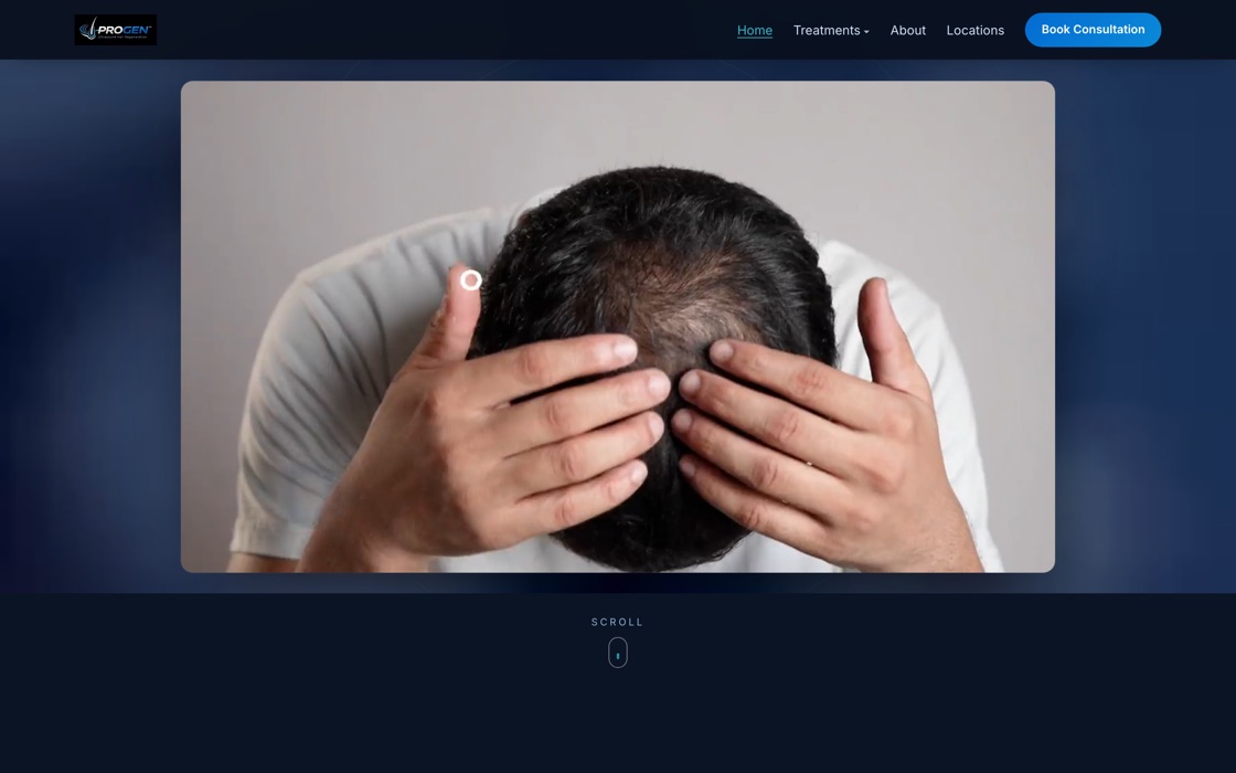 Progen Trichology website, clinical hero with consultation call-to-action