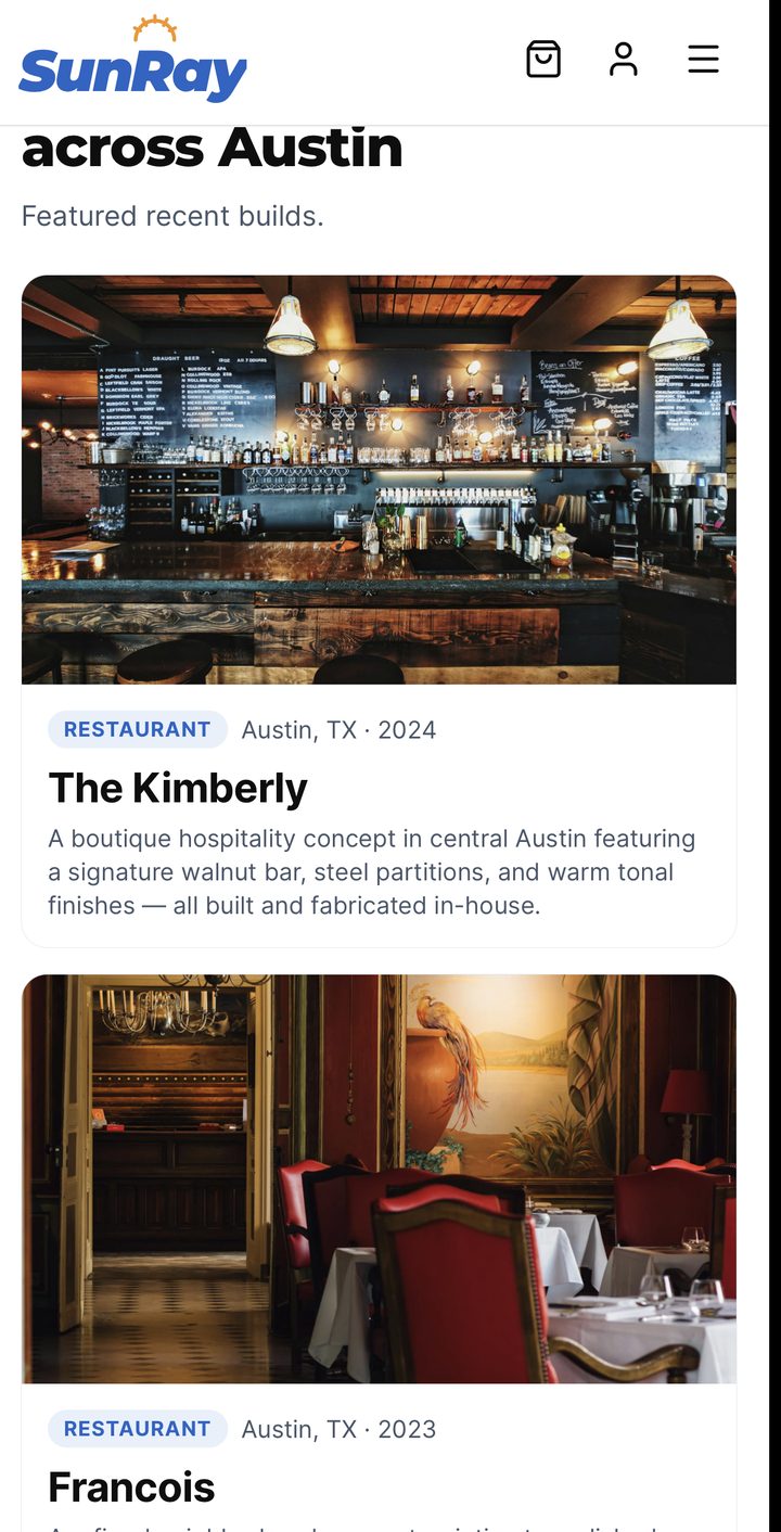 SunRay Contracting app, featured builds across Austin