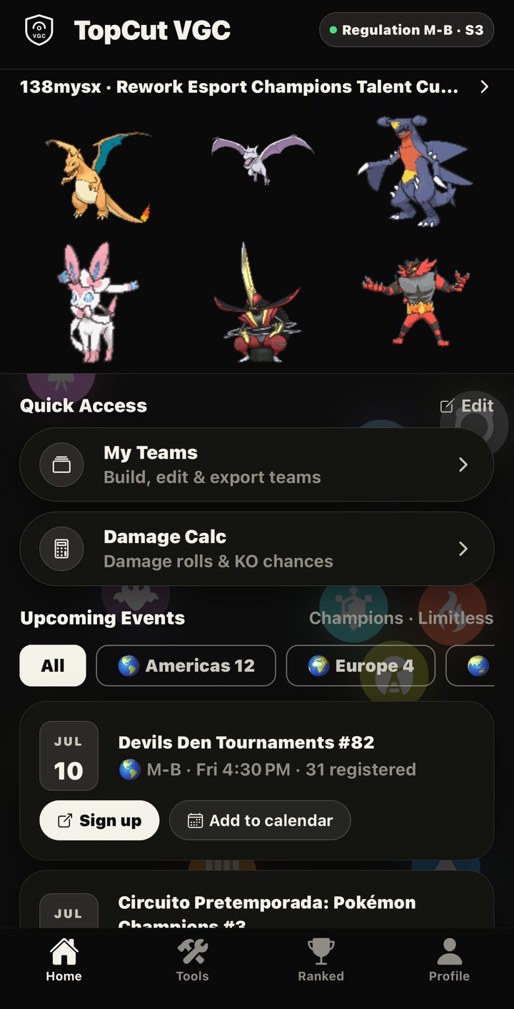 TopCut VGC app home with team, damage calc, and upcoming events